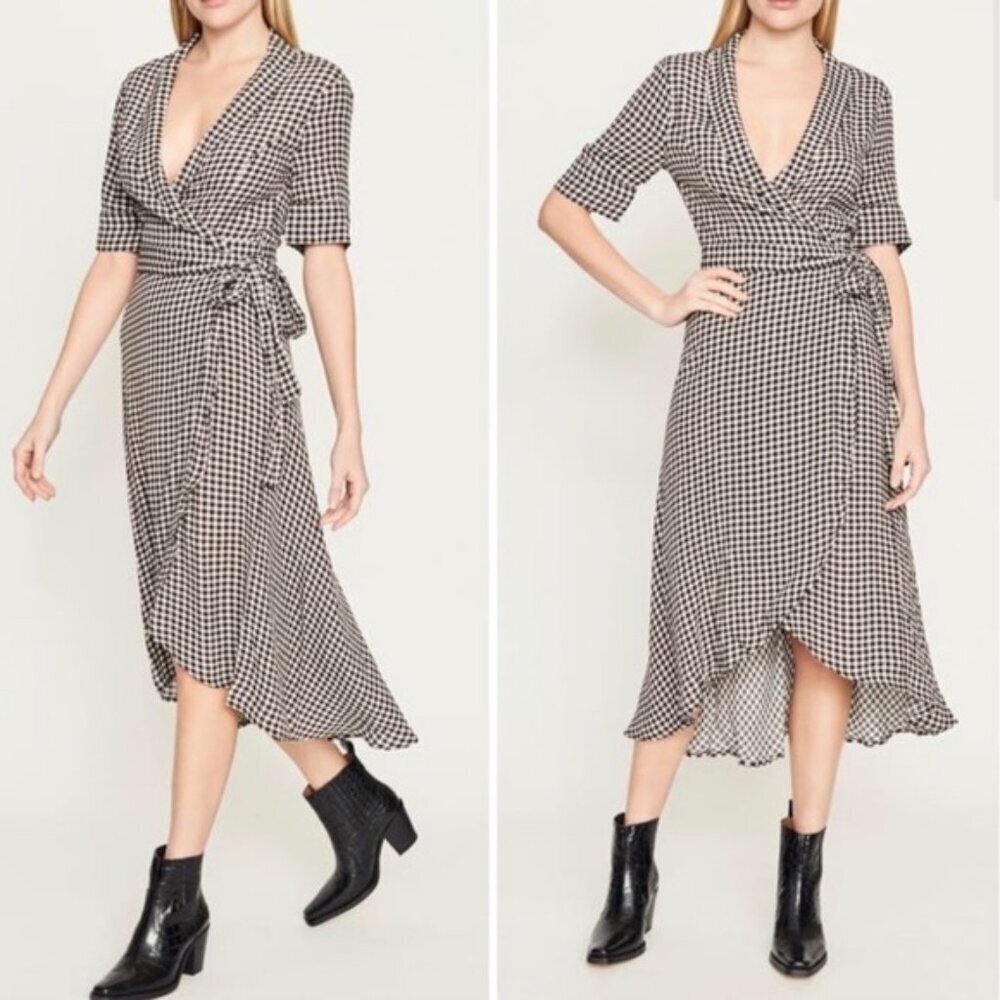 Ganni Black Gingham Midi Wrap Dress 38 IT/6 US Scandi Clean Girl Minimalist